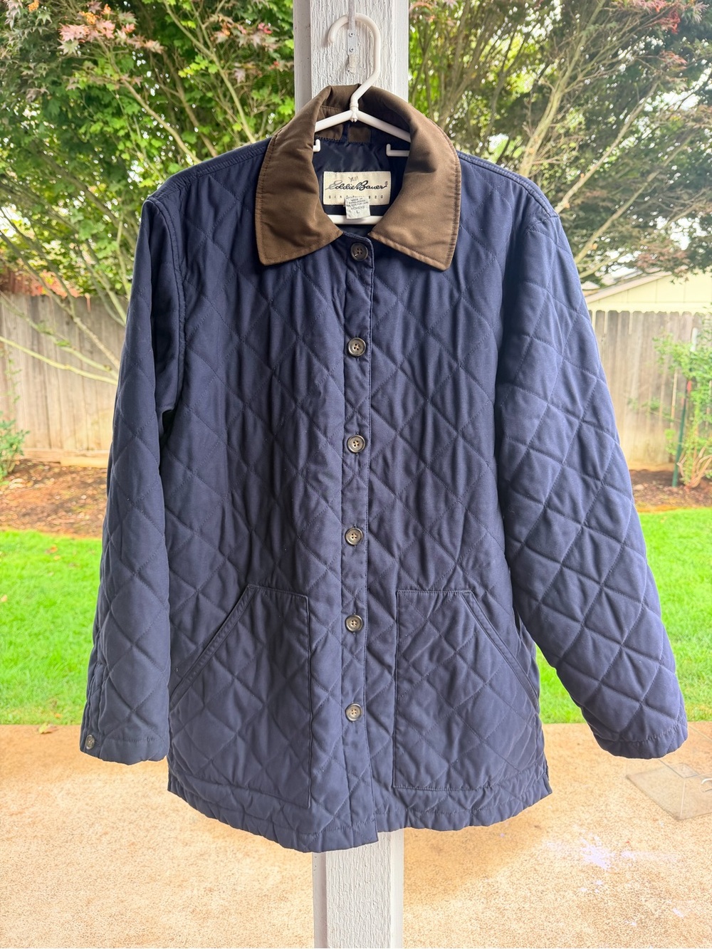 L.L. Bean Quilted Navy Utility Jacket with Brown Collar